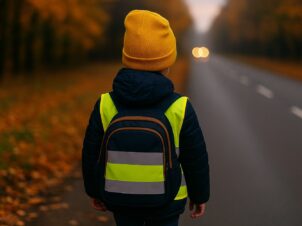 Barn med gul lue og sekk på tur til skolen langs en mørk høstveg