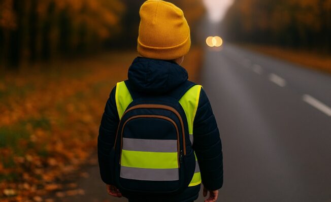 Barn med gul lue og sekk på tur til skolen langs en mørk høstveg