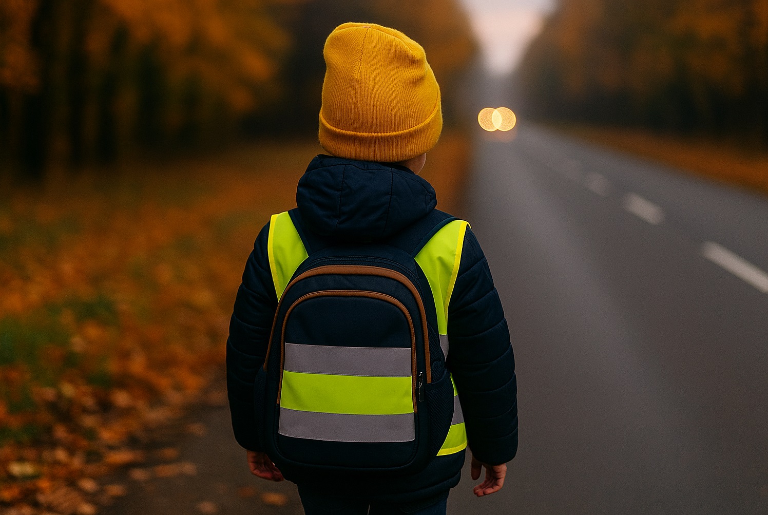 Barn med gul lue og sekk på tur til skolen langs en mørk høstveg